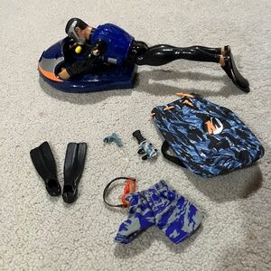 Vintage 1990s Action Man Scuba Diver with vehicle and extra scuba accessories